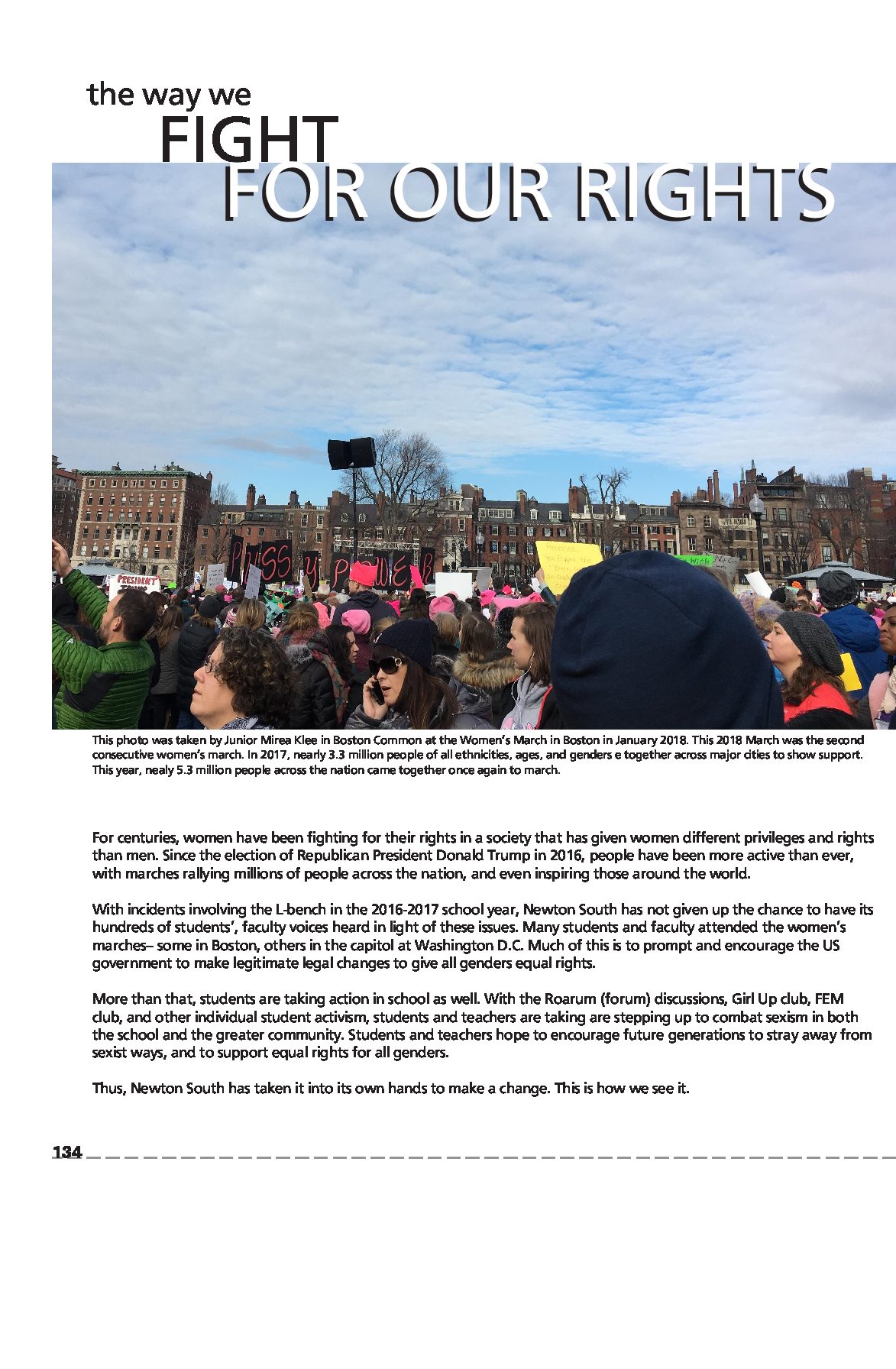 Regulus, the Newton South yearbook, covers the fight against sexism in its 2018 edition with this spread. Senior Isabella Xie designed it, based on the theme